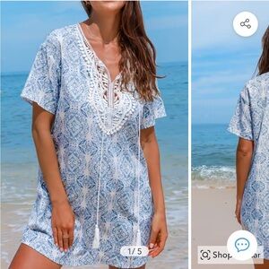 NWT Cupshe Light Blue & White Split Neck Tassel Tie Cover-Up, Size Large